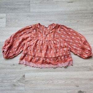 American Eagle Burnt Orange Top Womens Small Bohemian Crochet Eyelet